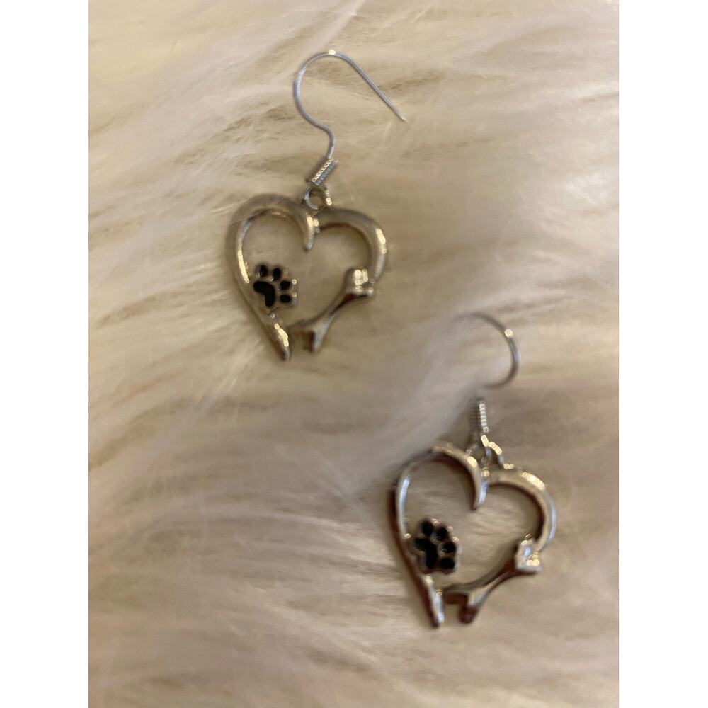 Dog's paw & bone heart shaped silver plated earrings. Super Cute New In Package.
